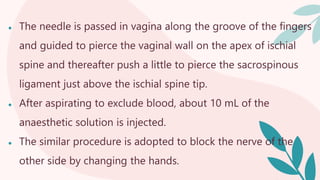 ● The needle is passed in vagina along the groove of the fingers
and guided to pierce the vaginal wall on the apex of ischial
spine and thereafter push a little to pierce the sacrospinous
ligament just above the ischial spine tip.
● After aspirating to exclude blood, about 10 mL of the
anaesthetic solution is injected.
● The similar procedure is adopted to block the nerve of the
other side by changing the hands.
 