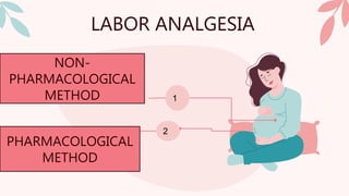LABOR ANALGESIA
1
2
NON-
PHARMACOLOGICAL
METHOD
PHARMACOLOGICAL
METHOD
 