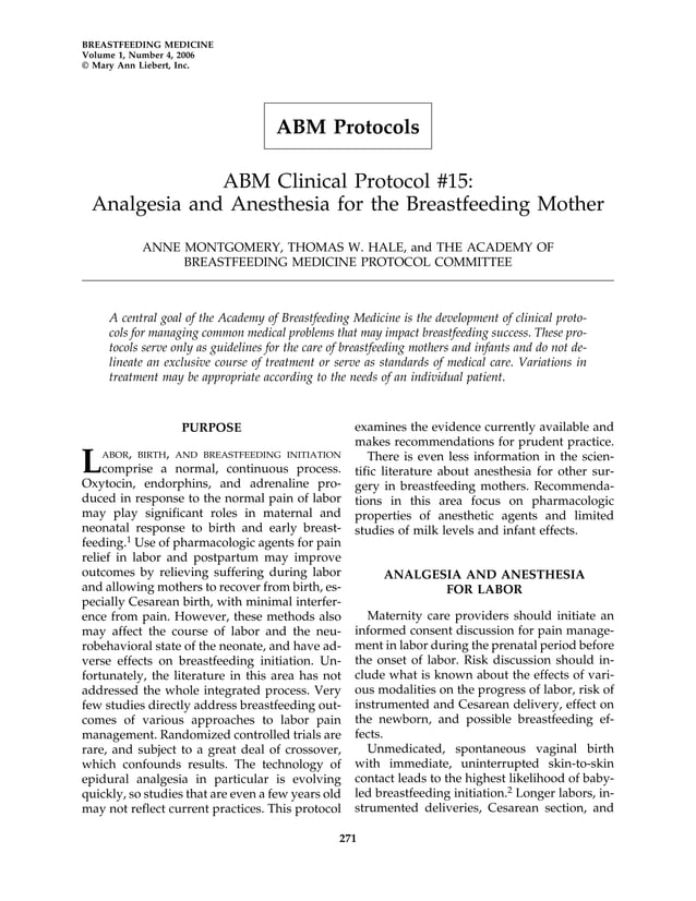 Analgesia And Anesthesia For The Breastfeeding Mother