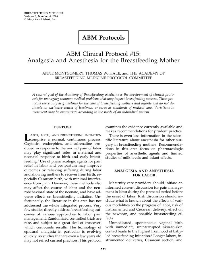 Analgesia And Anesthesia For The Breastfeeding Mother