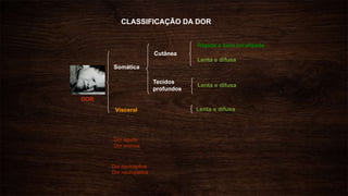 DOR
Somática
Visceral
Rápida e bem localizada
Lenta e difusa
Lenta e difusa
Cutânea
Lenta e difusa
Tecidos
profundos
CLASSIFICAÇÃO DA DOR
Dor nociceptiva
Dor neuropatica
Dor aguda
Dor cronica
 