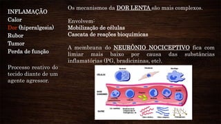 INFLAMAÇÃO
Calor
Dor (hiperalgesia)
Rubor
Tumor
Perda de função
Processo reativo do
tecido diante de um
agente agressor.
Os mecanismos da DOR LENTA são mais complexos.
Envolvem:
Mobilização de células
Cascata de reações bioquímicas
A membrana do NEURÔNIO NOCICEPTIVO fica com
limiar mais baixo por causa das substâncias
inflamatórias (PG, bradicininas, etc).
 
