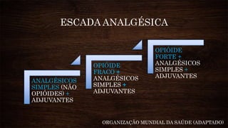 ESCADA ANALGÉSICA
ANALGÉSICOS
SIMPLES (NÃO
OPIÓIDES) +
ADJUVANTES
OPIÓIDE
FRACO +
ANALGÉSICOS
SIMPLES +
ADJUVANTES
OPIÓIDE
FORTE +
ANALGÉSICOS
SIMPLES +
ADJUVANTES
ORGANIZAÇÃO MUNDIAL DA SAÚDE (ADAPTADO)
 
