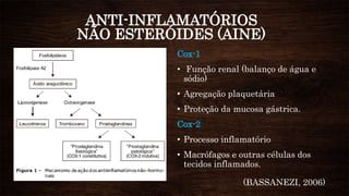 ANTI-INFLAMATÓRIOS
NÃO ESTERÓIDES (AINE)
Cox-1
• Função renal (balanço de água e
sódio)
• Agregação plaquetária
• Proteção da mucosa gástrica.
Cox-2
• Processo inflamatório
• Macrófagos e outras células dos
tecidos inflamados.
(BASSANEZI, 2006)
 