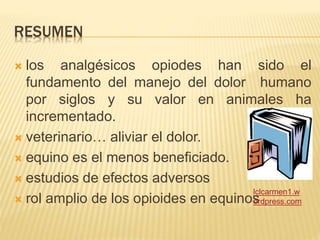 RESUMEN
 los analgésicos opiodes han sido el
fundamento del manejo del dolor humano
por siglos y su valor en animales ha
incrementado.
 veterinario… aliviar el dolor.
 equino es el menos beneficiado.
 estudios de efectos adversos
 rol amplio de los opioides en equinos
lclcarmen1.w
ordpress.com
 
