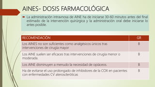 AINES- DOSIS FARMACOLÓGICA
 La administración intravnosa de AINE ha de iniciarse 30-60 minutos antes del final
estimado de la intervención quirúrgica y la administración oral debe iniciarse lo
antes posible.
RECOMENDACIÓN GR
Los AINES no son suficientes como analgésicos únicos tras
intervenciones de cirugía mayor
B
Los AINE suelen ser eficaces tras intervenciones de cirugía menor o
moderada.
B
Los AINE disminuyen a menudo la necesidad de opiáceos. B
Ha de evitarse el uso prolongado de inhibidores de la COX en pacientes
con enfermedades CV ateroscleróticas
B
 