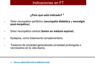 ¿Para qué está indicado? 1
- Dolor neuropático periférico (neuropatía diabética y neuralgia
post-herpética).
- Dolor neuropático central (lesión en médula espinal).
- Epilepsia, como tratamiento complementario.
- Trastorno de ansiedad generalizada (ansiedad prolongada o
nerviosismo en la vida diaria).
1. Informe EMA/229012/2010 EMEA/H/C/546
Indicaciones en FT
 
