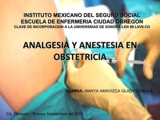 ANALGESIA Y ANESTESIA EN OBSTETRICIA INSTITUTO MEXICANO DEL SEGURO SOCIAL ESCUELA DE ENFERMERIA CIUDAD OBREGON CLAVE DE INCORPORACION A LA UNIVERSIDAD DE SONORA LEN 99 LXVII CO ALUMNA:  AMAYA AMAVIZCA GLADYS DALILA Cd. Obregón,, Sonora Septiembre del 2011 