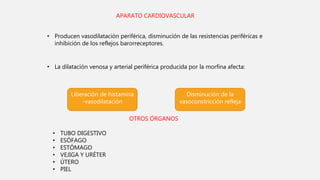 APARATO CARDIOVASCULAR
• Producen vasodilatación periférica, disminución de las resistencias periféricas e
inhibición de los reflejos barorreceptores.
• La dilatación venosa y arterial periférica producida por la morfina afecta:
Liberación de histamina
-vasodilatación
Disminución de la
vasoconstricción refleja
OTROS ÓRGANOS
• TUBO DIGESTIVO
• ESÓFAGO
• ESTÓMAGO
• VEJIGA Y URÉTER
• ÚTERO
• PIEL
 