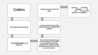 Codeína
Esun alcaloidederivado delopio
Presentabajaafinidadpor los
receptoresµ
Tieneunatasadeabsorciónluego
dela administración oral del 60%
comoconsecuenciadesubaja
metabolización hepática.Ladroga
seexcretaprincipalmente por orina
ensuformainactiva.
Unapequeñafraccióndecodeína
(aproximadamente10%)sedesmetila
amorfina
Presentaunavidamediade2-4
horas
Indicación terapéutica:
antitusivo (es
poco frecuentemente
utilizado comoanalgésico)
 