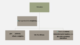 Metadona
gran potenciay
eficacia analgésica
V.M:15a 40horas
Tienenunaextensa
biotransformación hepáticayuna
alta unión a proteínas
plasmáticas
Esun agonistadelosreceptoresµ
 