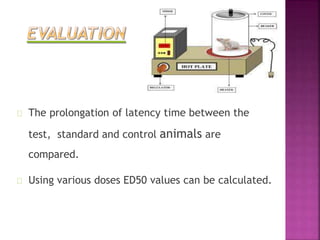 The prolongation of latency time between the
test, standard and control animals are
compared.
Using various doses ED50 values can be calculated.
 