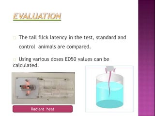 The tail flick latency in the test, standard and
control animals are compared.
Using various doses ED50 values can be
calculated.
Radiant heat
 
