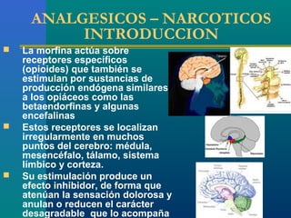 ANALGESICOS – NARCOTICOS
          INTRODUCCION
   La morfina actúa sobre
    receptores específicos
    (opioides) que también se
    estimulan por sustancias de
    producción endógena similares
    a los opiáceos como las
    betaendorfinas y algunas
    encefalinas
   Estos receptores se localizan
    irregularmente en muchos
    puntos del cerebro: médula,
    mesencéfalo, tálamo, sistema
    límbico y corteza.
   Su estimulación produce un
    efecto inhibidor, de forma que
    atenúan la sensación dolorosa y
    anulan o reducen el carácter
    desagradable que lo acompaña
 