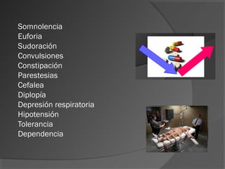 Somnolencia
Euforia
Sudoración
Convulsiones
Constipación
Parestesias
Cefalea
Diplopía
Depresión respiratoria
Hipotensión
Tolerancia
Dependencia
 