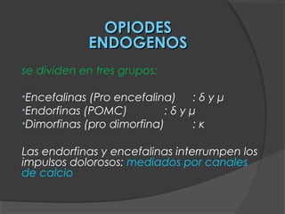OPIODESOPIODES
ENDOGENOSENDOGENOS
se dividen en tres grupos:
•Encefalinas (Pro encefalina) : δ y μ
•Endorfinas (POMC) : δ y μ
•Dimorfinas (pro dimorfina) : κ
Las endorfinas y encefalinas interrumpen los
impulsos dolorosos: mediados por canales
de calcio
 