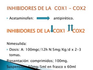 Acetaminofen:  antipirético. INHIBIDORES DE LA  COX1 –  COX2 Nimesulida: Dosis: A: 100mgc/12h N:5mg/Kg/d x 2-3 tomas. Presentación: comprimidos; 100mg. Suspensión: 50mg/5ml en frasco x 60ml 