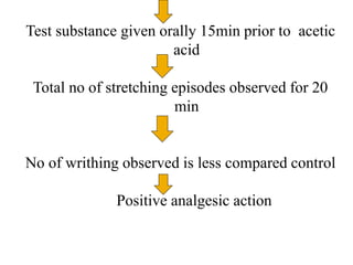Test substance given orally 15min prior to acetic
acid
Total no of stretching episodes observed for 20
min
No of writhing observed is less compared control
Positive analgesic action
 