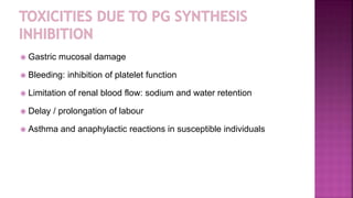  Gastric mucosal damage
 Bleeding: inhibition of platelet function
 Limitation of renal blood flow: sodium and water retention
 Delay / prolongation of labour
 Asthma and anaphylactic reactions in susceptible individuals
 