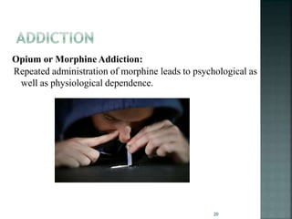 Opium or Morphine Addiction:
Repeated administration of morphine leads to psychological as
well as physiological dependence.
20
 