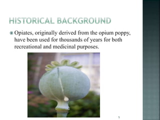  Opiates, originally derived from the opium poppy,
have been used for thousands of years for both
recreational and medicinal purposes.
5
 