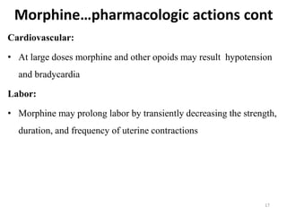 Morphine…pharmacologic actions cont
Cardiovascular:
• At large doses morphine and other opoids may result hypotension
and bradycardia
Labor:
• Morphine may prolong labor by transiently decreasing the strength,
duration, and frequency of uterine contractions
17
 