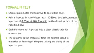 FORMALIN TEST
 Chronic pain model and sensitive to opioid like drugs.
 Pain is induced in Male Wistar rats (180–300 g) by a subcutaneous
injection of 0.05ml of 10% formalin on the dorsal surface of the
right hind paw.
 Each individual rat is placed into a clear plastic cage for
observation.
 The response is the amount of time the animals spend in
elevation or favoring of the paw, licking and biting of the
injected paw.
 