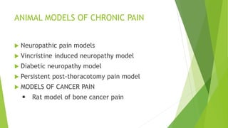 ANIMAL MODELS OF CHRONIC PAIN
 Neuropathic pain models
 Vincristine induced neuropathy model
 Diabetic neuropathy model
 Persistent post-thoracotomy pain model
 MODELS OF CANCER PAIN
 Rat model of bone cancer pain
 
