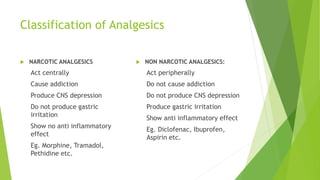 Classification of Analgesics
 NARCOTIC ANALGESICS
Act centrally
Cause addiction
Produce CNS depression
Do not produce gastric
irritation
Show no anti inflammatory
effect
Eg. Morphine, Tramadol,
Pethidine etc.
 NON NARCOTIC ANALGESICS:
Act peripherally
Do not cause addiction
Do not produce CNS depression
Produce gastric irritation
Show anti inflammatory effect
Eg. Diclofenac, Ibuprofen,
Aspirin etc.
 