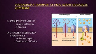 MECHANISM OF TRANSPORT OF DRUG ACROSS BIOLOGICAL
MEMBRANE
 PASSIVE TRANSFER
- simple diffusion
- filtration
 CARRIER MEDIATED
TRANSPORT
- active transport
- facilitated diffusion
 