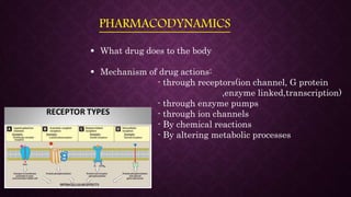 PHARMACODYNAMICS
 What drug does to the body
 Mechanism of drug actions:
- through receptors(ion channel, G protein
,enzyme linked,transcription)
- through enzyme pumps
- through ion channels
- By chemical reactions
- By altering metabolic processes
 