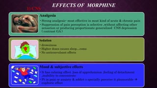Analgesia
•Strong analgesic- most effective in most kind of acute & chronic pain
•Suppression of pain perception is selective ,without affecting other
sensation or producing proportionate generalized CNS depression
( contrast GA )
Sedation
•drowsiness
•Higher doses causes sleep…coma
•No anticonvulsant effects
Mood & subjective effects
•It has calming effect ,loss of apprehension ,feeling of detachment
,inability to concentrate
•Pt in pain or anxiety & addict s specially perceive it pleasurable 
euphoric effect
1) CNS
EFFECTS OF MORPHINE
 
