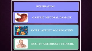 GASTRIC MUCOSAL DAMAGE
ANTI PLATELET AGGREGATION
DUCTUS ARTERIOSUS CLOSURE
RESPIRATION
 