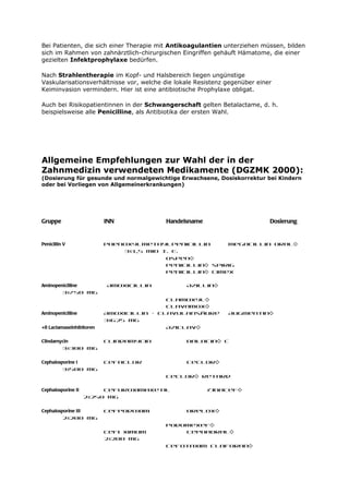 Bei Patienten, die sich einer Therapie mit Antikoagulantien unterziehen müssen, bilden
sich im Rahmen von zahnärztlich-chirurgischen Eingriffen gehäuft Hämatome, die einer
gezielten Infektprophylaxe bedürfen.

Nach Strahlentherapie im Kopf- und Halsbereich liegen ungünstige
Vaskularisationsverhältnisse vor, welche die lokale Resistenz gegenüber einer
Keiminvasion vermindern. Hier ist eine antibiotische Prophylaxe obligat.

Auch bei Risikopatientinnen in der Schwangerschaft gelten Betalactame, d. h.
beispielsweise alle Penicilline, als Antibiotika der ersten Wahl.




Allgemeine Empfehlungen zur Wahl der in der
Zahnmedizin verwendeten Medikamente (DGZMK 2000):
(Dosierung für gesunde und normalgewichtige Erwachsene, Dosiskorrektur bei Kindern
oder bei Vorliegen von Allgemeinerkrankungen)




Gruppe                    INN            Handelsname                        Dosierung


Penicillin V              Phenoxylmethylpenicillin            Megacillin oral®
                              3x1,5 Mio I. E.
                                         Ospen®
                                         Penicillin® spirig
                                         Penicillin® cimex

Aminopenicilline          Amoxicillin           Azillin®
        3x750 mg
                                          Clamoxyl®
                                          Clavamox®
Aminopenicilline          Amoxicillin + Clavulansäure         Augmentin®
                          3x625 mg
+ß Lactamaseinhibitoren                  Aziclav®

Clindamycin               Clindamycin           Dalacin® C
        3x300 mg

Cephalosporine I          Cefaclor              Ceclor®
         3x500 mg
                                         Ceclor® Retard

Cephalosporine II        Cefuroximaxetil               Zinacef®
                    2x250 mg

Cephalosporine III        Cefpodoxim            Orelox®
         2x200 mg
                                         Podomexef®
                          Cefi ximum         Cephaoral®
                          2x200 mg
                                         Cefotaxim Claforan®
 