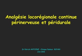 Analgésie locorégionale continue
périnerveuse et péridurale
Dr Patrick ANTOINE - Clinique Pasteur ROYAN
Juin 2016
 