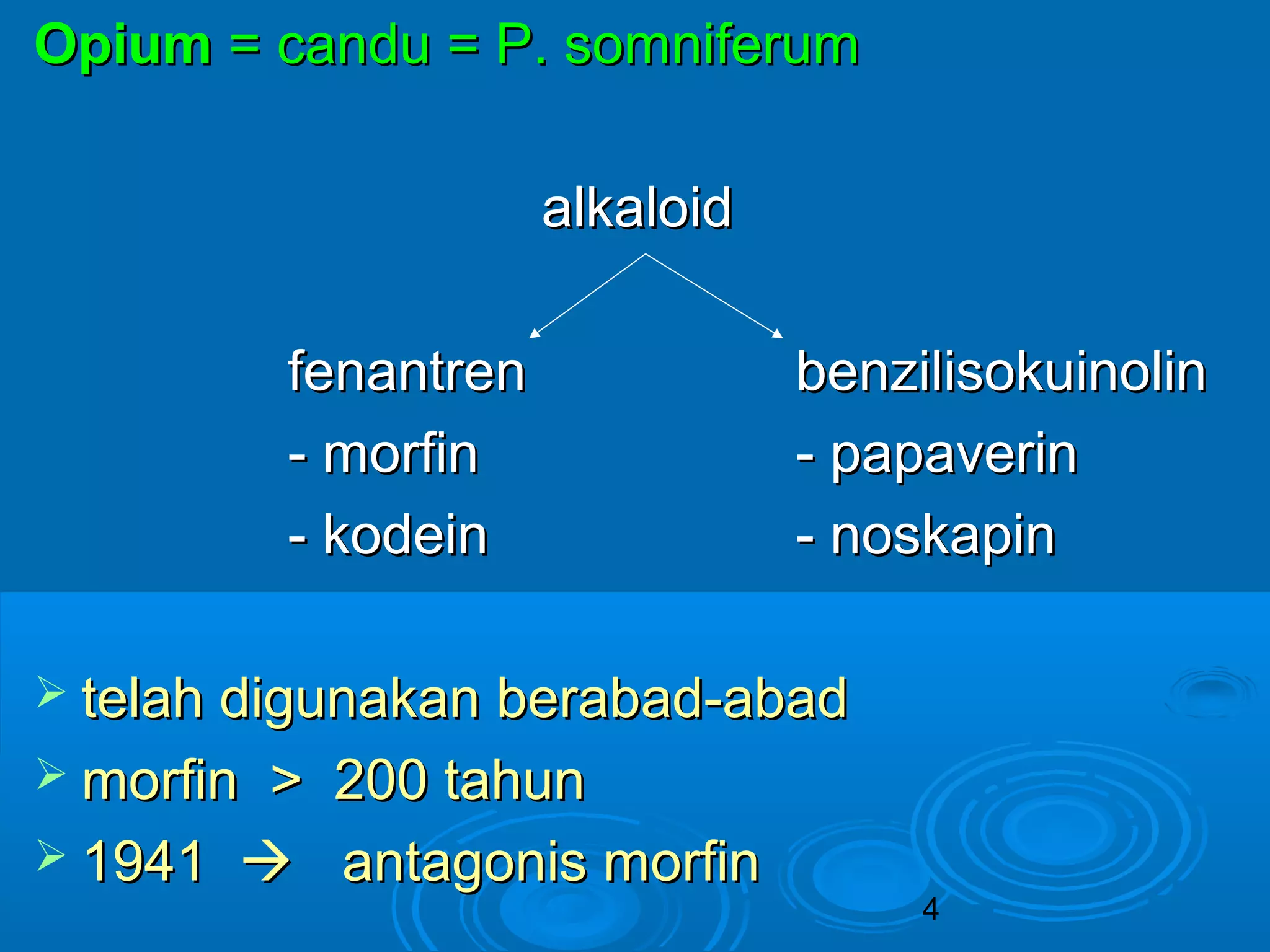 4 
OOppiiuumm == ccaanndduu == PP.. ssoommnniiffeerruumm 
aallkkaallooiidd 
ffeennaannttrreenn bbeennzziilliissookkuuiinnoolliinn 
-- mmoorrffiinn -- ppaappaavveerriinn 
-- kkooddeeiinn -- nnoosskkaappiinn 
 tteellaahh ddiigguunnaakkaann bbeerraabbaadd--aabbaadd 
mmoorrffiinn >> 220000 ttaahhuunn 
 11994411  aannttaaggoonniiss mmoorrffiinn 
 