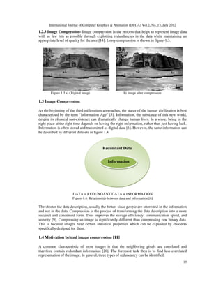International Journal of Computer Graphics & Animation (IJCGA) Vol.2, No.2/3, July 2012
19
1.2.3 Image Compression- Image compression is the process that helps to represent image data
with as few bits as possible through exploiting redundancies in the data while maintaining an
appropriate level of quality for the user [14]. Lossy compression is shown in figure-1.3.
Figure 1.3 a) Original image b) Image after compression
1.3 Image Compression
As the beginning of the third millennium approaches, the status of the human civilization is best
characterized by the term “Information Age” [5]. Information, the substance of this new world,
despite its physical non-existence can dramatically change human lives. In a sense, being in the
right place at the right time depends on having the right information, rather than just having luck.
Information is often stored and transmitted as digital data [6]. However, the same information can
be described by different datasets in figure 1.4.
DATA = REDUNDANT DATA + INFORMATION
Figure-1.4: Relationship between data and information [6]
The shorter the data description, usually the better, since people are interested in the information
and not in the data. Compression is the process of transforming the data description into a more
succinct and condensed form. Thus improves the storage efficiency, communication speed, and
security [9]. Compressing an image is significantly different than compressing raw binary data.
This is because images have certain statistical properties which can be exploited by encoders
specifically designed for them.
1.4 Motivation behind image compression [11]
A common characteristic of most images is that the neighboring pixels are correlated and
therefore contain redundant information [20]. The foremost task then is to find less correlated
representation of the image. In general, three types of redundancy can be identified:
Redundant Data
Information
 
