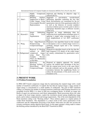 International Journal of Computer Graphics & Animation (IJCGA) Vol.2, No.2/3, July 2012
25
Highly Compressed
Images
improved and blurring in objective edge is
reduced [20-21].
17. Alan’s
Blocking Artifacts
Suppression in Block-
Coded Images Using
Overcomplete Wavelet
Representation
Suggested a non-iterative, wavelet-based
deblocking algorithm exploiting the fact that
block discontinuities are constrained by the dc
quantization interval of the quantization table [4],
as well as the behavior of wavelet modulus
maxima evolution across wavelet scales to derive
appropriate threshold maps at different wavelet
scales [13].
18. Kizewski’s
Image Deblocking
Using Local
Segmentation
Suggested an image deblocking filter by
employing local segmentation techniques prior to
applying a simple value averaging model to a
local neighborhood of 3x3 DCT coefficients
[11].
19. Wang
Fast Edge-Preserved
Postprocessing for
Compressed Images
Proposed a fast algorithm based on the concept
to decompose a row or column image vector to a
gradually changed signal and a fast variation
signal [25].
20. Nallaperumal
Removal of blocking
artifacts in JPEG
compressed images
using Dual Tree
Complex Wavelet
Filters for Multimedia
on the Web
Proposed an algorithm based on the fact that the
high frequency [15] details of the coded image
are mainly contaminated by quantization noise
[10].
21. Luo
Removing the
Blocking Artifacts of
Block-Based DCT
Compressed Images
Proposed an adaptive approach. For smooth
regions, the method takes advantage of the fact
that the original pixel levels in the same block
provide continuity and use this property and the
correlation between the neighboring blocks to
reduce the discontinuity of the pixels across the
boundaries [14].
3. PRESENT WORK
3.1 Problem Formulation
In JPEG (DCT based) compresses image data by representing the original image with a small
number of transform coefficients. It exploits the fact that for typical images a large amount of
signal energy is concentrated in a small number of coefficients. The goal of DCT transform
coding is to minimize the number of retained transform coefficients while keeping distortion at an
acceptable level.In JPEG; it is done in 8X8 non overlapping blocks. It divides an image into
blocks of equal size and processes each block independently. Block processing allows the coder
to adapt to the local image statistics, exploit the correlation present among neighboring image
pixels, and to reduce computational and storage requirements. One of the most degradation of the
block transform coding is the “blocking artifact”. These artifacts appear as a regular pattern of
visible block boundaries. This degradation is a direct result of the coarse quantization of the
coefficients and the independent processing of the blocks which does not take into account the
existing correlations among adjacent block pixels. In this paper attempt is being made to reduce
the blocking artifact introduced by the Block DCT Transform in JPEG.
 