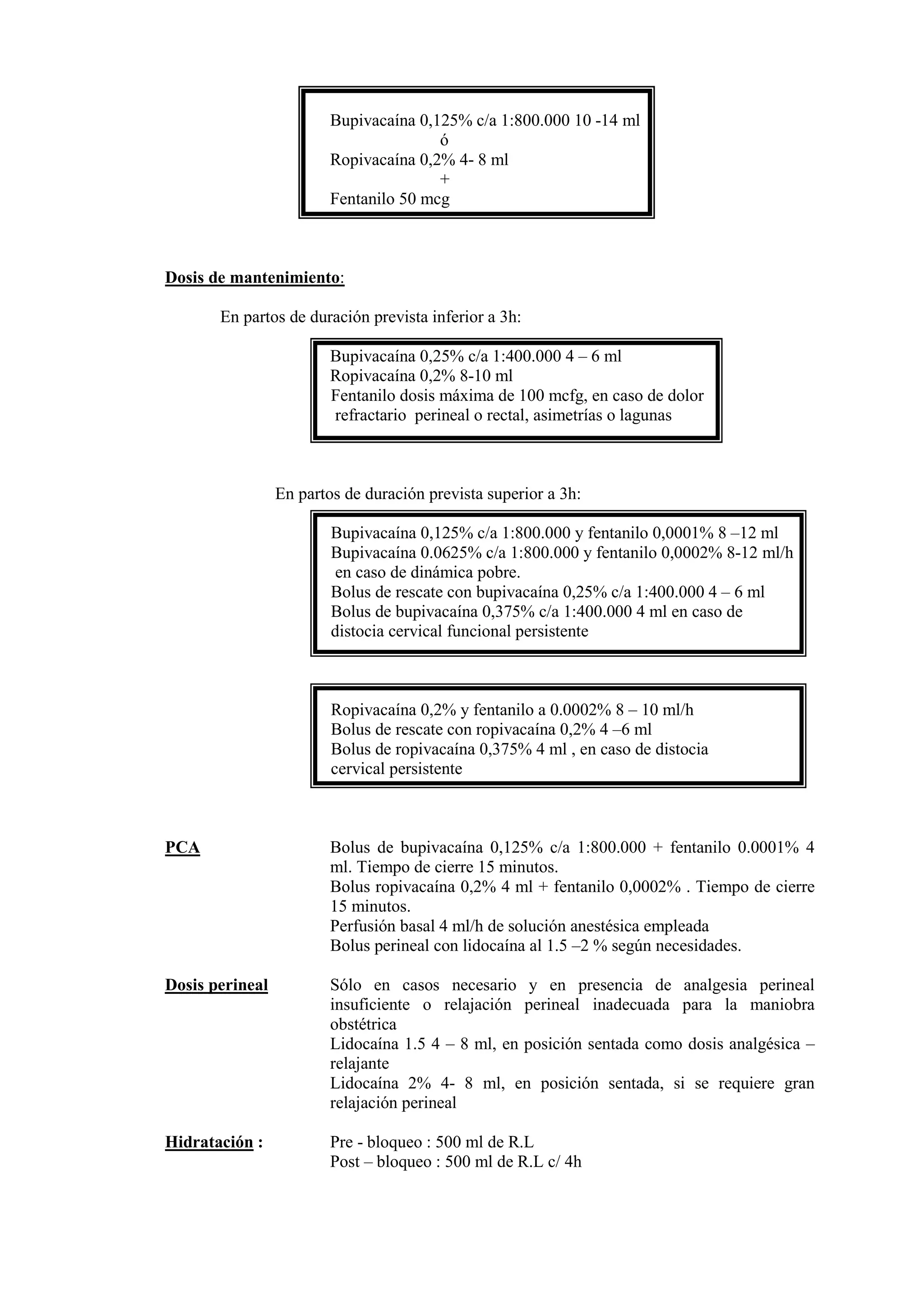 Bupivacaína 0,125% c/a 1:800.000 10 -14 ml
ó
Ropivacaína 0,2% 4- 8 ml
+
Fentanilo 50 mcg
Dosis de mantenimiento:
En partos de duración prevista inferior a 3h:
Bupivacaína 0,25% c/a 1:400.000 4 – 6 ml
Ropivacaína 0,2% 8-10 ml
Fentanilo dosis máxima de 100 mcfg, en caso de dolor
refractario perineal o rectal, asimetrías o lagunas
En partos de duración prevista superior a 3h:
Bupivacaína 0,125% c/a 1:800.000 y fentanilo 0,0001% 8 –12 ml
Bupivacaína 0.0625% c/a 1:800.000 y fentanilo 0,0002% 8-12 ml/h
en caso de dinámica pobre.
Bolus de rescate con bupivacaína 0,25% c/a 1:400.000 4 – 6 ml
Bolus de bupivacaína 0,375% c/a 1:400.000 4 ml en caso de
distocia cervical funcional persistente
Ropivacaína 0,2% y fentanilo a 0.0002% 8 – 10 ml/h
Bolus de rescate con ropivacaína 0,2% 4 –6 ml
Bolus de ropivacaína 0,375% 4 ml , en caso de distocia
cervical persistente
PCA Bolus de bupivacaína 0,125% c/a 1:800.000 + fentanilo 0.0001% 4
ml. Tiempo de cierre 15 minutos.
Bolus ropivacaína 0,2% 4 ml + fentanilo 0,0002% . Tiempo de cierre
15 minutos.
Perfusión basal 4 ml/h de solución anestésica empleada
Bolus perineal con lidocaína al 1.5 –2 % según necesidades.
Dosis perineal Sólo en casos necesario y en presencia de analgesia perineal
insuficiente o relajación perineal inadecuada para la maniobra
obstétrica
Lidocaína 1.5 4 – 8 ml, en posición sentada como dosis analgésica –
relajante
Lidocaína 2% 4- 8 ml, en posición sentada, si se requiere gran
relajación perineal
Hidratación : Pre - bloqueo : 500 ml de R.L
Post – bloqueo : 500 ml de R.L c/ 4h
 