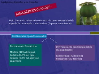 Analgésicos Opioides y no Opioides




       Opio. Sustancia reinosa de color marrón oscura obtenida de la
       cápsula de la amapola o adormidera (Papaver somniferum).




          Contiene dos tipos de alcaloides:



        Derivados del fenantreno                  Derivados de la benzoisoquinolina
                                                  (no analgésicos)
        Morfina (10% del opio)
        Codeína (0.5% del opio)                   Papaverina (1% del opio)
        Tebaína (0.2% del opio); no               Noscapina (6% del opio)
        analgésico
 