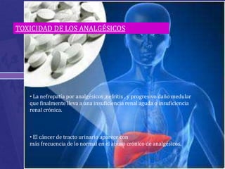 TOXICIDAD DE LOS ANALGÉSICOS




   • La nefropatía por analgésicos ,nefritis , y progresivo daño medular
   que finalmente lleva a una insuficiencia renal aguda o insuficiencia
   renal crónica.



   • El cáncer de tracto urinario aparece con
   más frecuencia de lo normal en el abuso crónico de analgésicos.
 