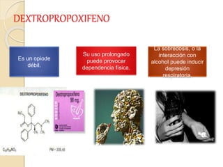 DEXTROPROPOXIFENO
Es un opiode
débil.
La sobredosis, o la
interacción con
alcohol puede inducir
depresión
respiratoria.
Su uso prolongado
puede provocar
dependencia física.
 