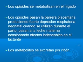 ➢Los opioides se metabolizan en el hígado
➢Los opioides pasan la barrera placentaria
produciendo fuerte depresión respiratoria
neonatal cuando se utilizan durante el
parto, pasan a la leche materna
ocasionando efectos indeseables en el
lactante
➢Los metabolitos se excretan por riñón
 