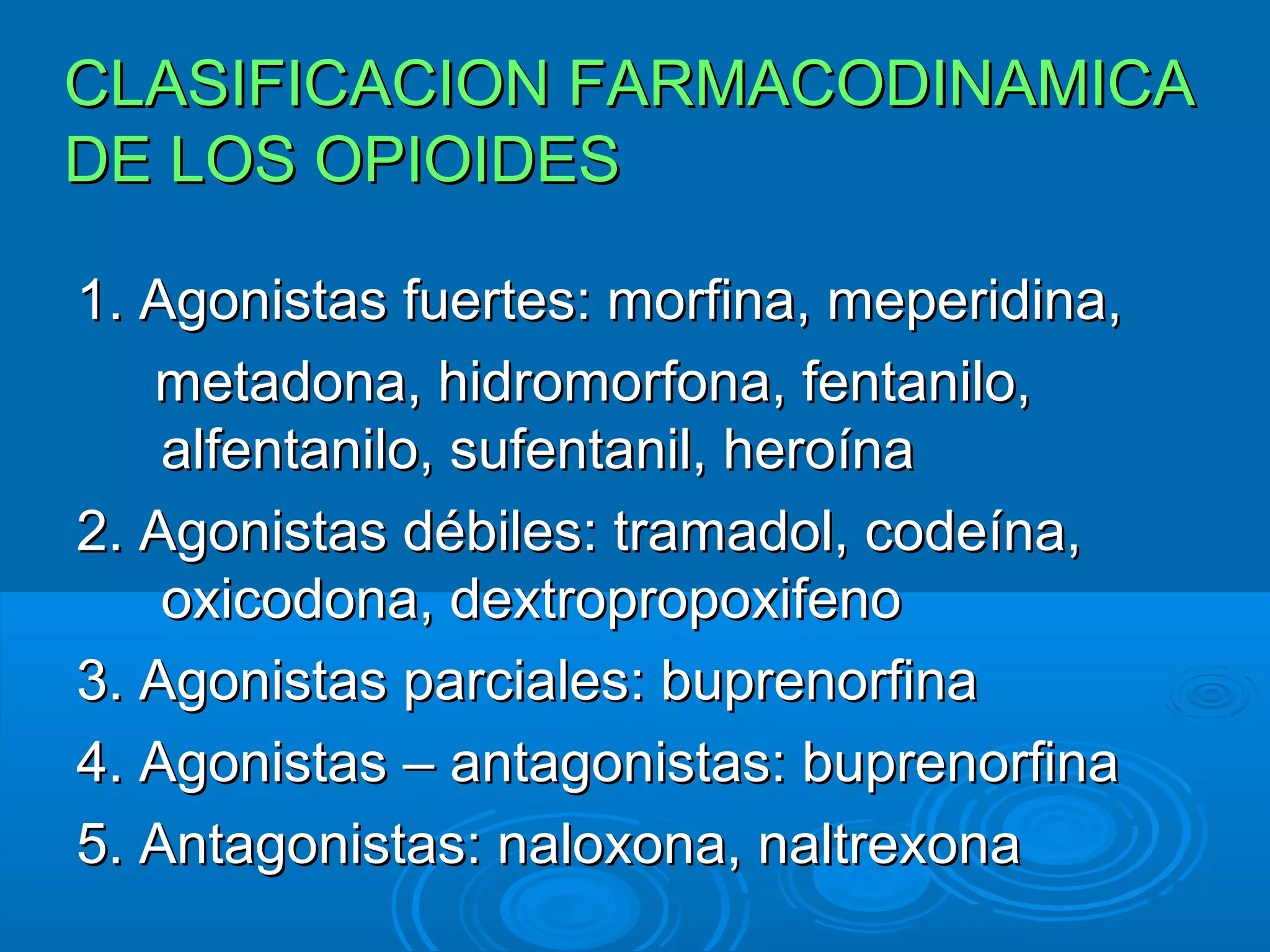 CLASIFICACION FARMACODINAMICA
DE LOS OPIOIDES

1. Agonistas fuertes: morfina, meperidina,
   metadona, hidromorfona, fentanilo,
    alfentanilo, sufentanil, heroína
2. Agonistas débiles: tramadol, codeína,
    oxicodona, dextropropoxifeno
3. Agonistas parciales: buprenorfina
4. Agonistas – antagonistas: buprenorfina
5. Antagonistas: naloxona, naltrexona
 
