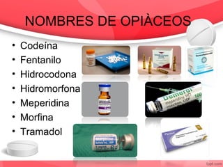 NOMBRES DE OPIÀCEOS
• Codeína
• Fentanilo
• Hidrocodona
• Hidromorfona
• Meperidina
• Morfina
• Tramadol
 