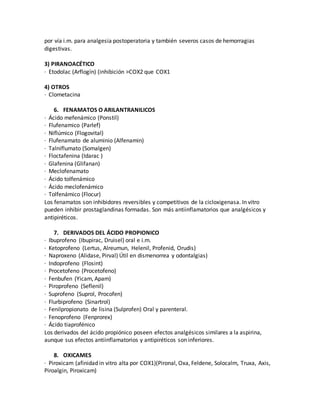 por vía i.m. para analgesia postoperatoria y también severos casos de hemorragias
digestivas.
3) PIRANOACÉTICO
· Etodolac (Arflogín) (inhibición >COX2 que COX1
4) OTROS
· Clometacina
6. FENAMATOS O ARILANTRANILICOS
· Ácido mefenámico (Ponstil)
· Flufenamico (Parlef)
· Niflúmico (Flogovital)
· Flufenamato de aluminio (Alfenamin)
· Talniflumato (Somalgen)
· Floctafenina (Idarac )
· Glafenina (Glifanan)
· Meclofenamato
· Ácido tolfenámico
· Ácido meclofenámico
· Tolfenámico (Flocur)
Los fenamatos son inhibidores reversibles y competitivos de la cicloxigenasa. In vitro
pueden inhibir prostaglandinas formadas. Son más antiinflamatorios que analgésicos y
antipiréticos.
7. DERIVADOS DEL ÁCIDO PROPIONICO
· Ibuprofeno (Ibupirac, Druisel) oral e i.m.
· Ketoprofeno (Lertus, Alreumun, Helenil, Profenid, Orudis)
· Naproxeno (Alidase, Pirval) Útil en dismenorrea y odontalgias)
· Indoprofeno (Flosint)
· Procetofeno (Procetofeno)
· Fenbufen (Yicam, Apam)
· Piroprofeno (Seflenil)
· Suprofeno (Suprol, Procofen)
· Flurbiprofeno (Sinartrol)
· Fenilpropionato de lisina (Sulprofen) Oral y parenteral.
· Fenoprofeno (Fenprorex)
· Ácido tiaprofénico
Los derivados del ácido propiónico poseen efectos analgésicos similares a la aspirina,
aunque sus efectos antiinflamatorios y antipiréticos son inferiores.
8. OXICAMES
· Piroxicam (afinidad in vitro alta por COX1)(Pironal, Oxa, Feldene, Solocalm, Truxa, Axis,
Piroalgin, Piroxicam)
 
