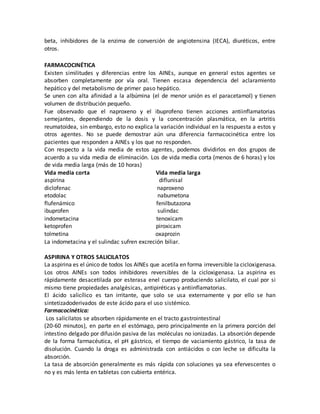 beta, inhibidores de la enzima de conversión de angiotensina (IECA), diuréticos, entre
otros.
FARMACOCINÉTICA
Existen similitudes y diferencias entre los AINEs, aunque en general estos agentes se
absorben completamente por vía oral. Tienen escasa dependencia del aclaramiento
hepático y del metabolismo de primer paso hepático.
Se unen con alta afinidad a la albúmina (el de menor unión es el paracetamol) y tienen
volumen de distribución pequeño.
Fue observado que el naproxeno y el ibuprofeno tienen acciones antiinflamatorias
semejantes, dependiendo de la dosis y la concentración plasmática, en la artritis
reumatoidea, sin embargo, esto no explica la variación individual en la respuesta a estos y
otros agentes. No se puede demostrar aún una diferencia farmacocinética entre los
pacientes que responden a AINEs y los que no responden.
Con respecto a la vida media de estos agentes, podemos dividirlos en dos grupos de
acuerdo a su vida media de eliminación. Los de vida media corta (menos de 6 horas) y los
de vida media larga (más de 10 horas)
Vida media corta Vida media larga
aspirina diflunisal
diclofenac naproxeno
etodolac nabumetona
flufenámico fenilbutazona
ibuprofen sulindac
indometacina tenoxicam
ketoprofen piroxicam
tolmetina oxaprozin
La indometacina y el sulindac sufren excreción biliar.
ASPIRINA Y OTROS SALICILATOS
La aspirina es el único de todos los AINEs que acetila en forma irreversible la cicloxigenasa.
Los otros AINEs son todos inhibidores reversibles de la cicloxigenasa. La aspirina es
rápidamente desacetilada por esterasa enel cuerpo produciendo salicilato, el cual por si
mismo tiene propiedades analgésicas, antipiréticas y antiinflamatorias.
El ácido salicílico es tan irritante, que solo se usa externamente y por ello se han
sintetizadoderivados de este ácido para el uso sistémico.
Farmacocinética:
Los salicilatos se absorben rápidamente en el tracto gastrointestinal
(20-60 minutos), en parte en el estómago, pero principalmente en la primera porción del
intestino delgado por difusión pasiva de las moléculas no ionizadas. La absorción depende
de la forma farmacéutica, el pH gástrico, el tiempo de vaciamiento gástrico, la tasa de
disolución. Cuando la droga es administrada con antiácidos o con leche se dificulta la
absorción.
La tasa de absorción generalmente es más rápida con soluciones ya sea efervescentes o
no y es más lenta en tabletas con cubierta entérica.
 