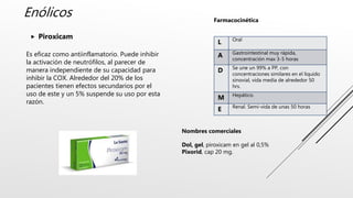 Enólicos
 Piroxicam
Es eficaz como antiinflamatorio. Puede inhibir
la activación de neutrófilos, al parecer de
manera independiente de su capacidad para
inhibir la COX. Alrededor del 20% de los
pacientes tienen efectos secundarios por el
uso de este y un 5% suspende su uso por esta
razón.
L Oral
A Gastrointestinal muy rápida,
concentración max 3-5 horas
D Se une un 99% a PP, con
concentraciones similares en el liquido
sinovial, vida media de alrededor 50
hrs.
M Hepático.
E Renal. Semi-vida de unas 50 horas
Farmacocinética
Nombres comerciales
Dol, gel, piroxicam en gel al 0,5%
Pixorid, cap 20 mg.
 