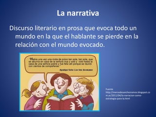 La narrativa
Discurso literario en prosa que evoca todo un
mundo en la que el hablante se pierde en la
relación con el mundo evocado.
Fuente
http://mercedesanchezramos.blogspot.co
m.ar/2011/04/la-narracion-como-
estrategia-para-la.html
 