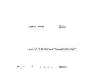 ADMINISTRATIVA
ANÁLISIS DE PROBLEMAS Y TOMA DE DECISIONES
8633725 V
COMERCIO
EXTERIOR
1 2 0 2 8633334
 